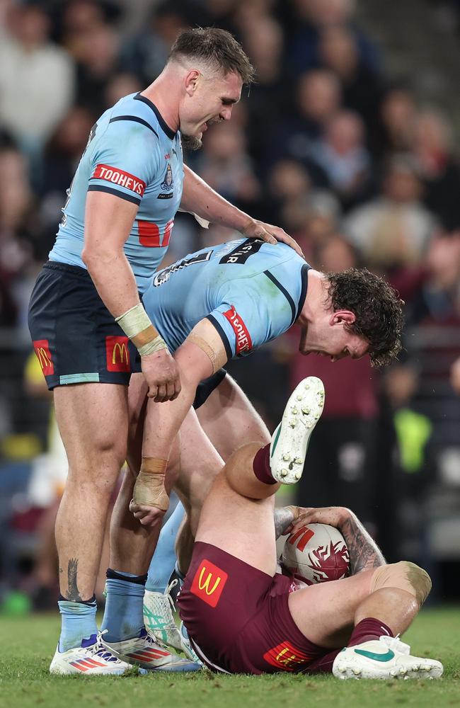 Liam Martin stands over J’maine Hopgood in Game Two. Picture: Matt King/Getty Images