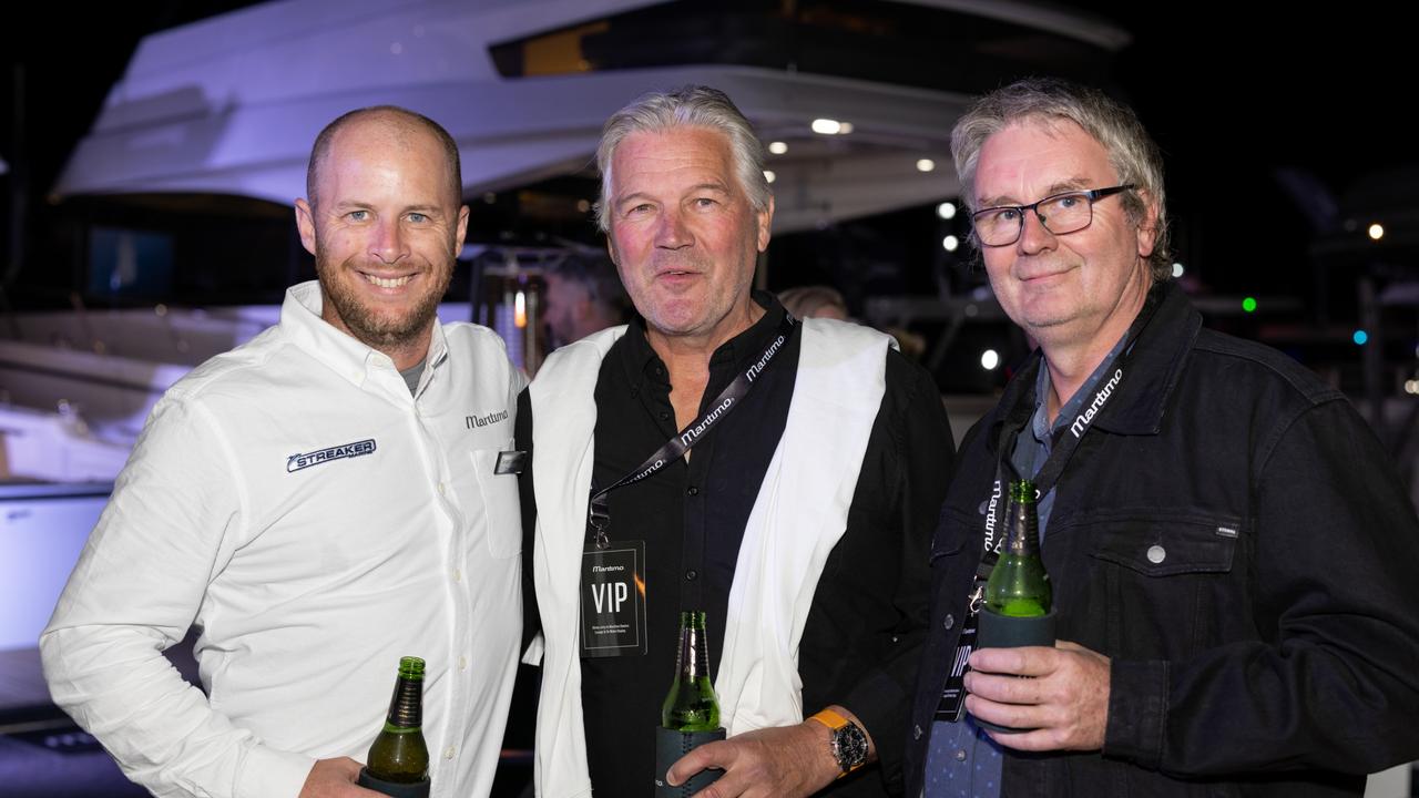 Sean Savage, Garry Pratt and Ian Carden for The Pulse at Maritimo Luxury Yachts global launch of the S75 and M75 at the Sanctuary Cove International Boat Show 2023. Picture: Celeste Humphrey