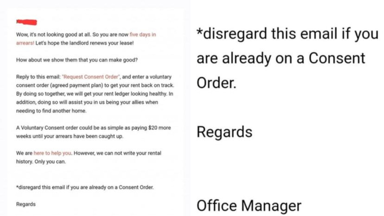 The tenant said they had organised with their real estate agent to pay a few days late, but still received an automated email about being in arrears. Picture: Facebook