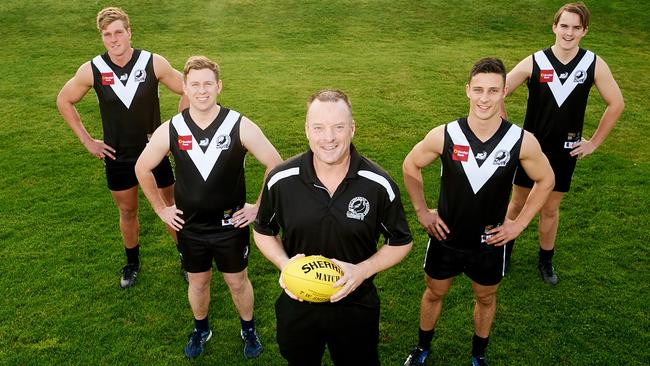 Kalangadoo Football Club president Reece Carlson (second from left) alongside former president Adam Box (middle) Carlson was adamant Kalangadoo did not want to join the WBFL in 2021. Picture: Frank Monger