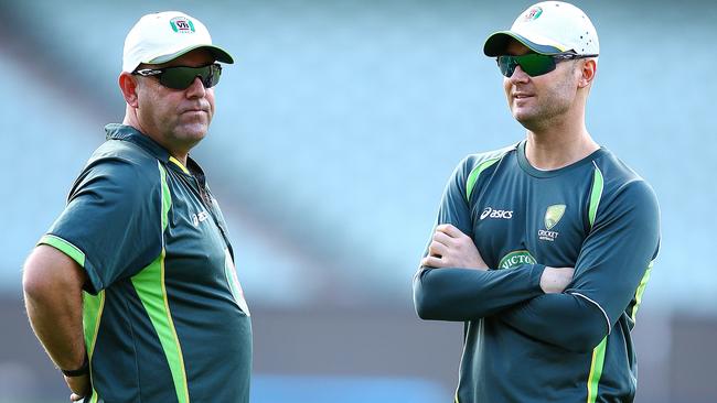 Darren Lehmann and Michael Clarke during the 2015 World Cup. Picture: Sarah Reed.