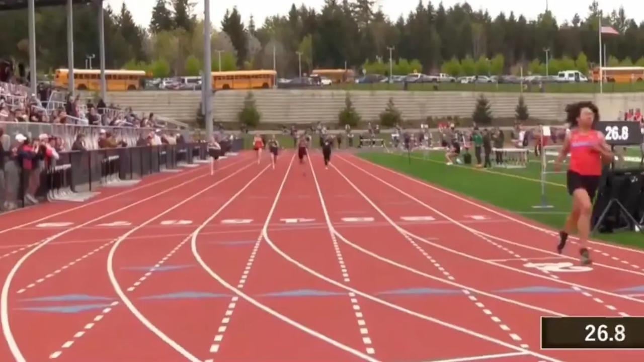 Video posted online shows Gallagher speeding past a group of biological female athletes.