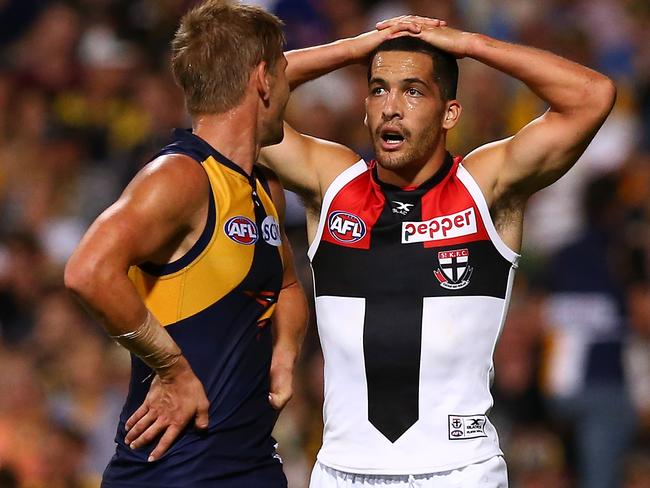 PERTH, AUSTRALIA - APRIL 01: Shane Savage of the Saints looks on afer giving away a free kick during the round two AFL match between the West Coast Eagles and the St Kilda Saints at Domain Stadium on April 1, 2017 in Perth, Australia.  (Photo by Paul Kane/Getty Images)