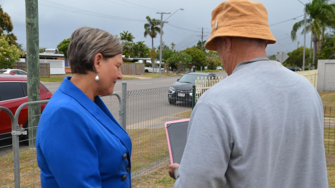 LNP candidate for Mundingburra Janelle Poole with resident John, who runs the North Queensland Crime out of Control Facebook page. Picture: Nikita McGuire