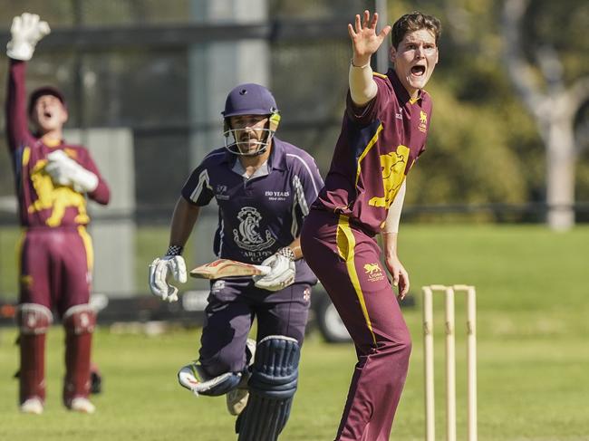 Premier Cricket: Carlton v Fitzroy Doncaster. Kobe Smith bowling for Fitzroy Doncaster. Picture: Valeriu Campan