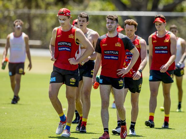 Gold Coast Suns new recruit Luke Towey (front right , grey shirt with sleeves). Picture: Jerad Williams