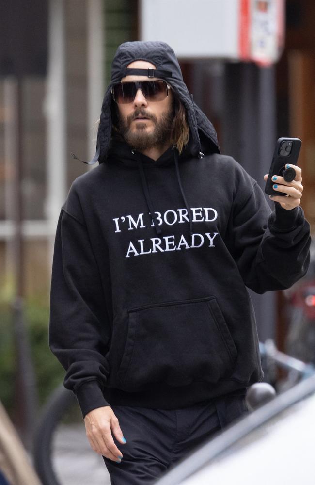 Jared Leto is also in Paris, where he’s seemingly poked fun at Paris Fashion Week festivities with his witty black hoodie. Picture: BACKGRID