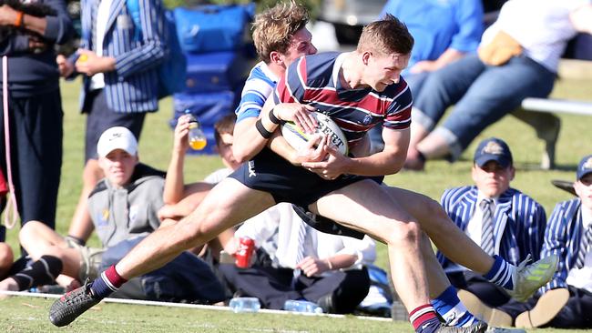 Hamish Roberts scores an excellent try against Nudgee College. Picture: Richard Gosling