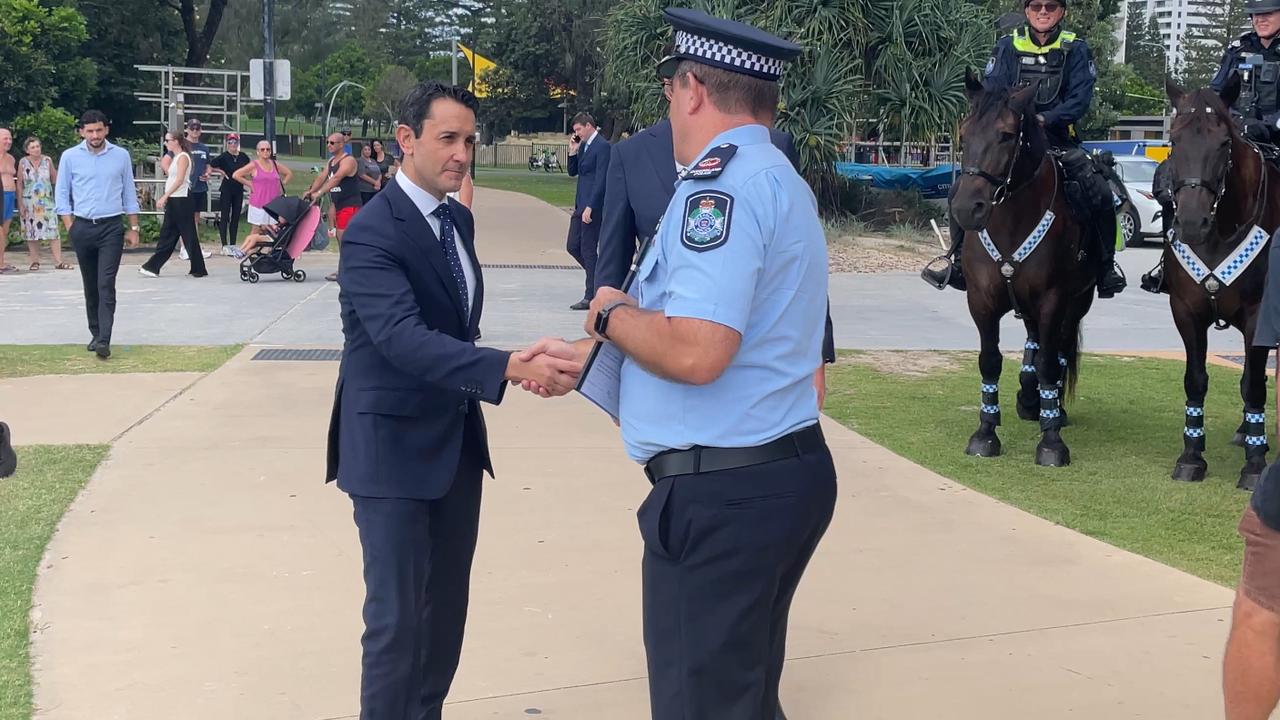 Premier David Crisafulli and Police Minister Dan Purdie at Broadbeach on the Gold Coast to spruik Operation Whiskey Legion.