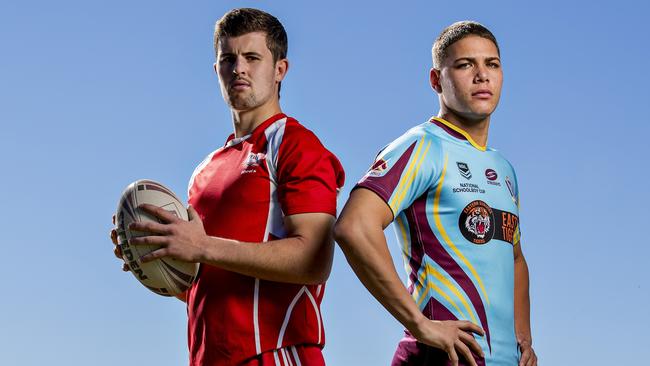 Reece Walsh (right) with Gold Coast Titans teenage recruit Toby Sexton. Picture: Jerad Williams