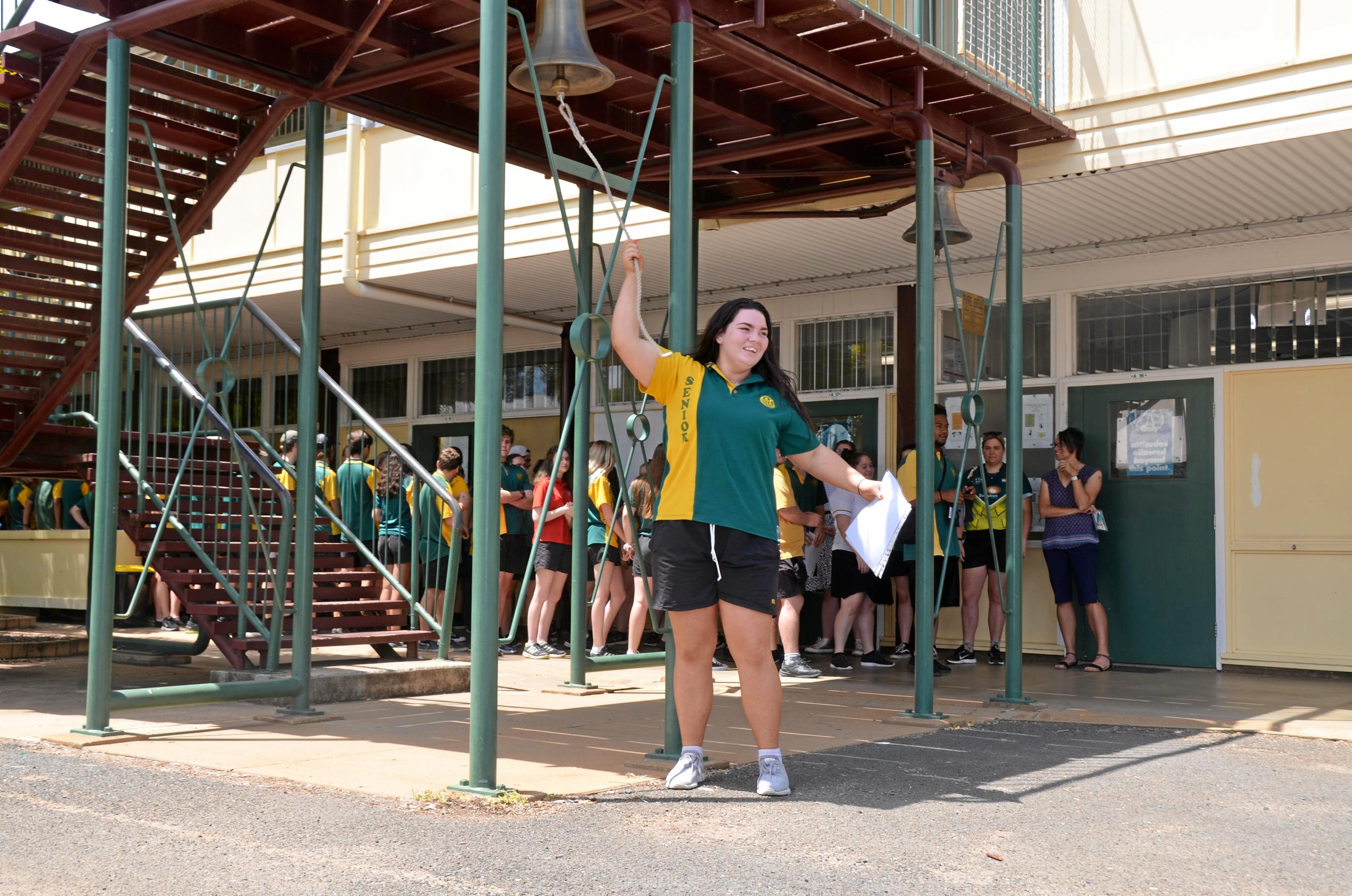 Burnett State College had 39 Year 12 graduates ring the school bell before they walked out the gates as students for the last time. Picture: Felicity Ripper