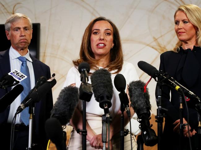 CANBERRA, AUSTRALIA - JUNE 26: Stella Assange (C), wife of WikiLeaks founder Julian Assange, speaks as lawyers Barry Pollack (L) and Jennifer Robinson look on during a press conference at East Hotel on June 26, 2024 in Canberra, Australia. Julian Assange, the WikiLeaks founder, returned to his native Australia as a free man, after attending the U.S. District Court for the Northern Mariana Islands in Saipan on Wednesday. Following his guilty plea to a felony charge under the Espionage Act, Assange was sentenced to time served and subsequently released, allowing him to walk free after years of incarceration and intense lobbying for his release from across the political spectrum. Family, supporters and politicians welcomed his release and return, with Australia's Prime Minister Anthony Albanese saying the case "had dragged on for too long." Assange's case has been a lightning rod for debates about press freedom and national security, with his supporters hailing him as a whistleblower who exposed government wrongdoing, while critics accused him of recklessly endangering lives by publishing classified information. His release marks the end of a tumultuous legal saga that spanned over a decade, involving allegations of sexual assault in Sweden, asylum in the Ecuadorian embassy in London, and a protracted battle against extradition to the United States. (Photo by Lisa Maree Williams/Getty Images)