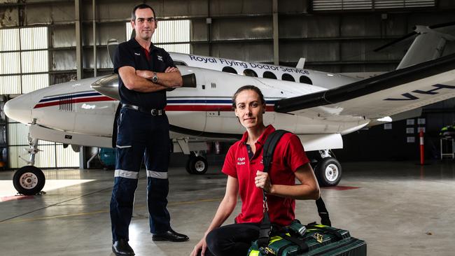 Members of the Royal Flying Doctors' Service Queensland, pilot, Gordon Edwards and flight nurse, Jen Williams as the RFDS is one of many health organisations are increasingly being targeted by sophisticated online criminals. Picture: Zak Simmonds