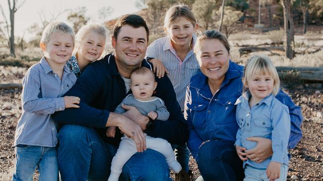 Laura Wilson and Jake Bonsey with George, Lucielle, baby Angus, Camille and Frankie. Picture: Lauran Gilligan/The Australian