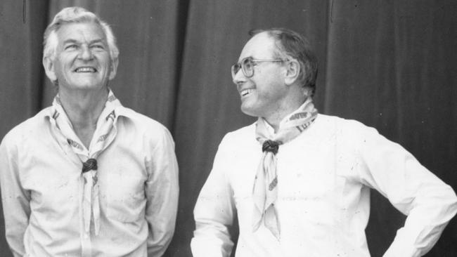 Bob Hawke and John Howard at the 15th Australian Jamboree for Scouts at Woodhouse, near Piccadilly, in the Adelaide Hills, 1989.