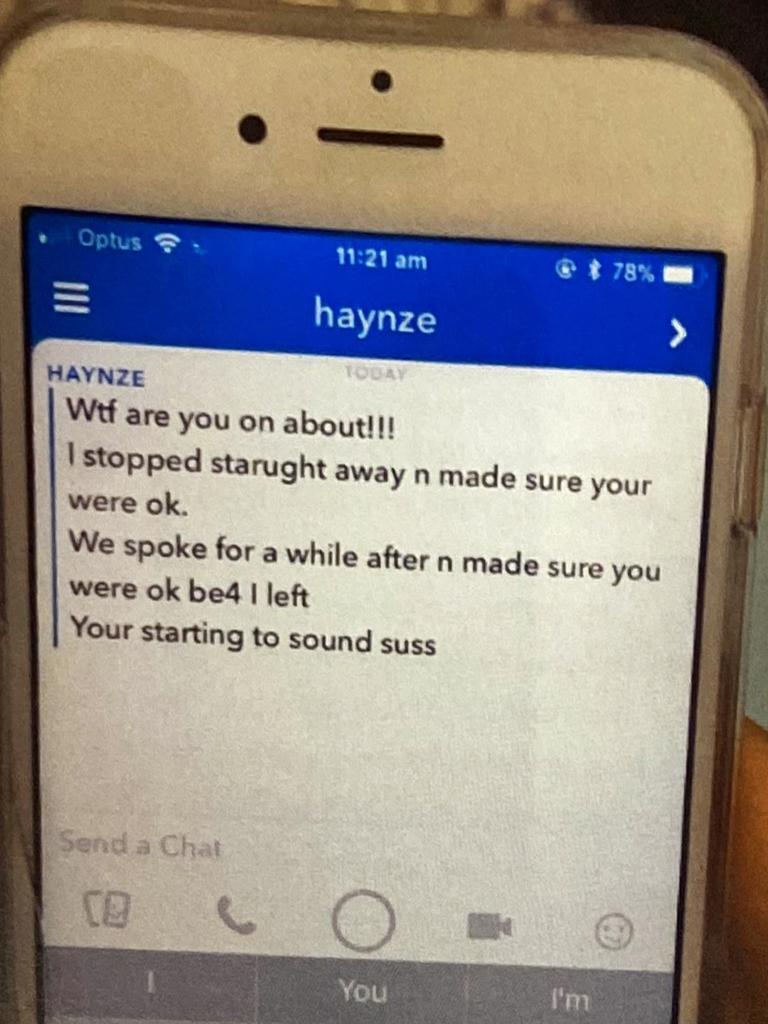 Snapchat messages sent between Hayne and the woman he sexually assaulted several weeks after the incident. Pictures: Supplied.