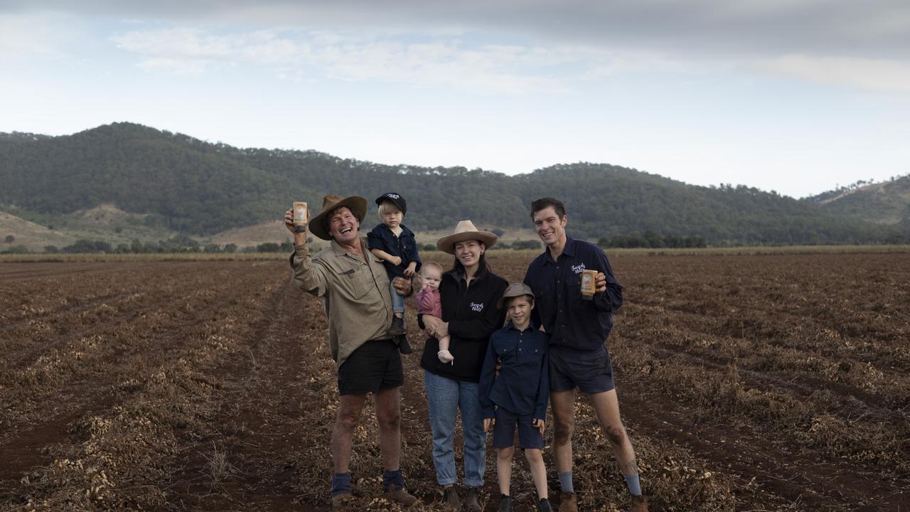 Three generations of the Rackemann family on their peanut farm in Coalstoun Lakes in Queensland. Picture: Bega