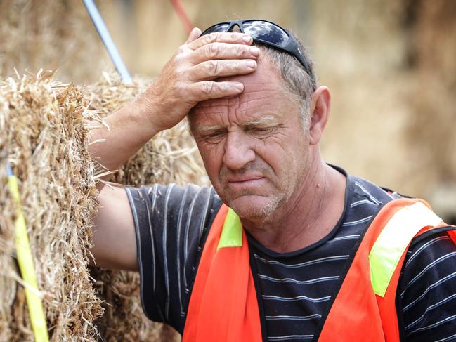 Rochester locals are saying their town has been forgotten after the floods in October with many people not able to come home due property damage and too lengthy waits for insurance assessments some reports could be as long as 2 years. Farmers in their trucks line up to receive hay for their animals from the Rapid Relief Team (RRT) hosting a Farmers Community Connect day in Rochester. Emotional and exhausted Kerang cattle farmer Allan Matthews, who home was flooded and lost stock with his trailer full of life saving hay for the cattle that survived.                        Picture: David Caird