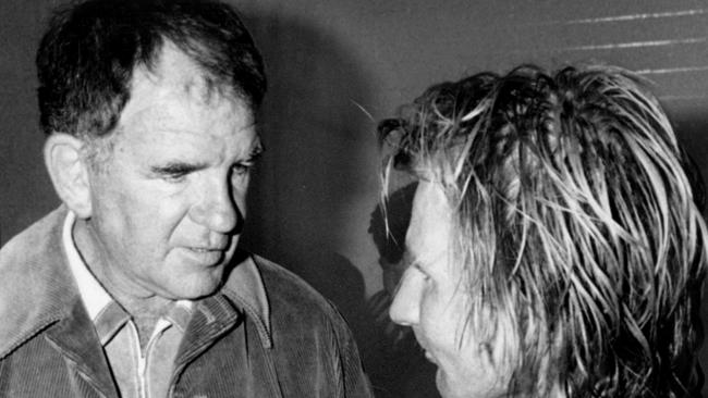 Jack Gibson talks to Peter Sterling in the Eels’ dressing room. Picture: Geoff Henderson