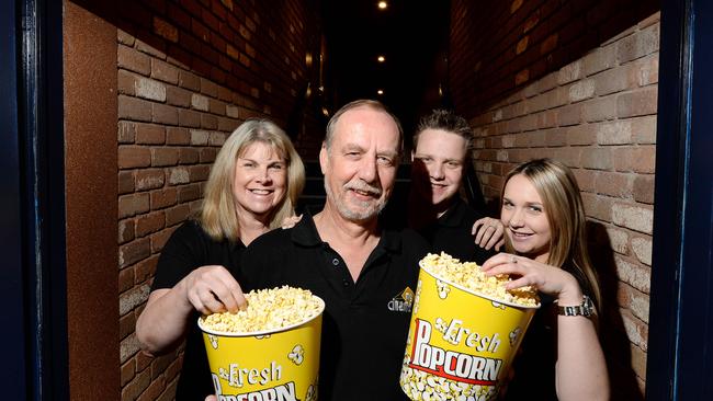 Tom Schouten and his family have been running Metro Cinemas Boronia for 18 years. Cynthia, Tom, Kristian, and Ellie at the popular cinema complex. Picture: Steve Tanner