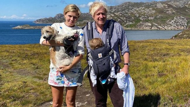 Carrie and Boris Johnson on holiday in Scotland with Dilyn the dog and Wilfred, their first baby, last year. Picture: Supplied