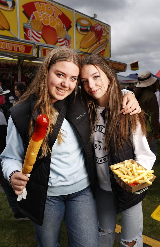 Friends Hannah Jager 15 and Matilda Steele 15 at the show for the first time. Day one of the Hobart Show 2023. Picture: Nikki Davis-Jones