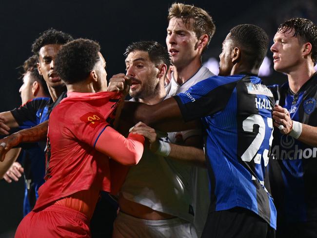 Tempers erupted during the game. Picture: Hannah Peters/Getty Images
