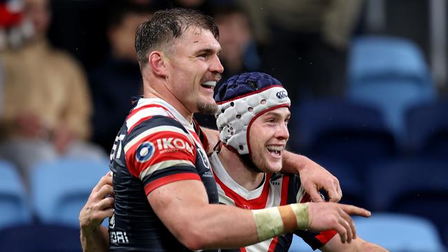 SYDNEY, AUSTRALIA - JUNE 30: Luke Keary of the Roosters celebrates with team mate Angus Crichton after scoring a try during the round 17 NRL match between Sydney Roosters and Wests Tigers at Allianz Stadium, on June 30, 2024, in Sydney, Australia. (Photo by Brendon Thorne/Getty Images)