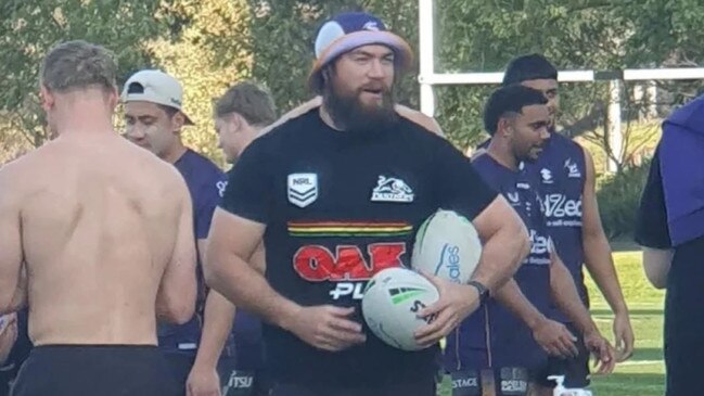 Spotted! Melbourne Storm forward Tepai Moeroa wearing an imitation Panthers jersey at training.