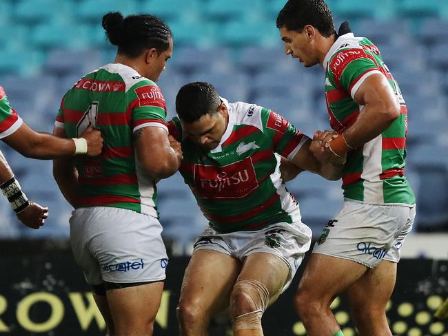 South Sydney's Greg Inglis after scoring a try with an injured knee against Tigers. Picture: Brett Costello