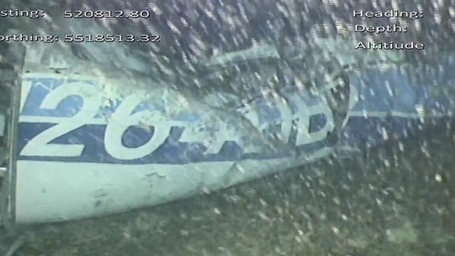 Part of the fuselage of the Piper PA-46 Malibu found 40km north of Guernsey. Picture: AFP