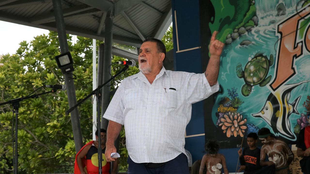 Terry O'shane speaks at the Cairns Black Lives Matter protest in Fogarty Park. Picture: PETER CARRUTHERS