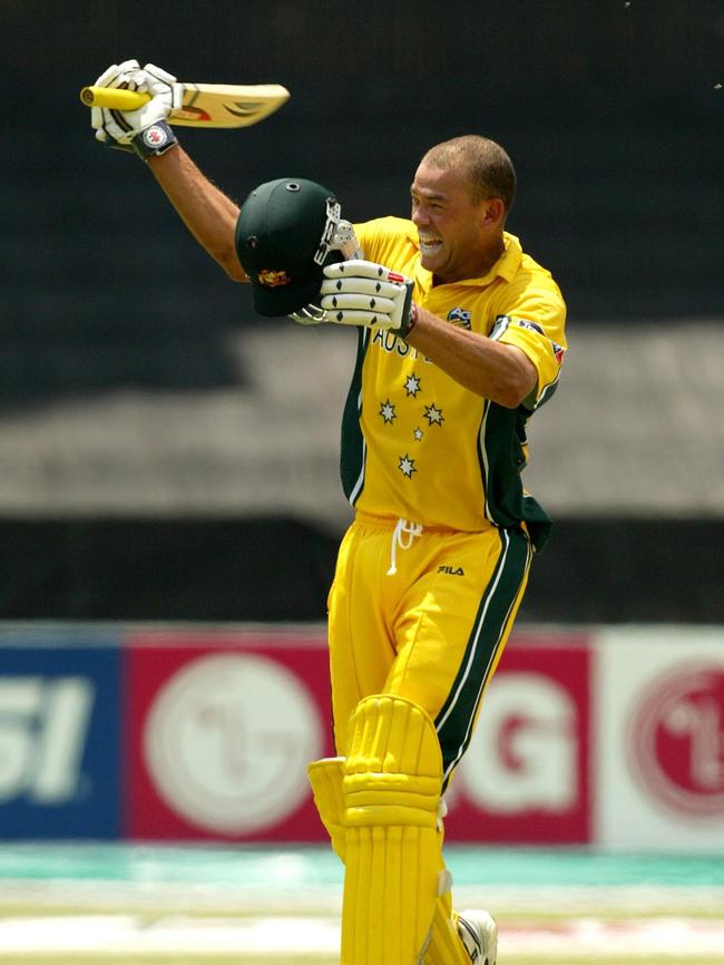 Andrew Symonds celebrates after his career-defining century against Pakistan in 2003. Picture: AP