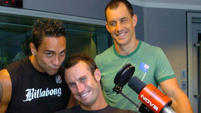 Crows champion Andrew McLeod with radio presenter Ryan "Fitzy" Fitzgerald and Warren Tredrea in studio of Nova 919 in 2007.