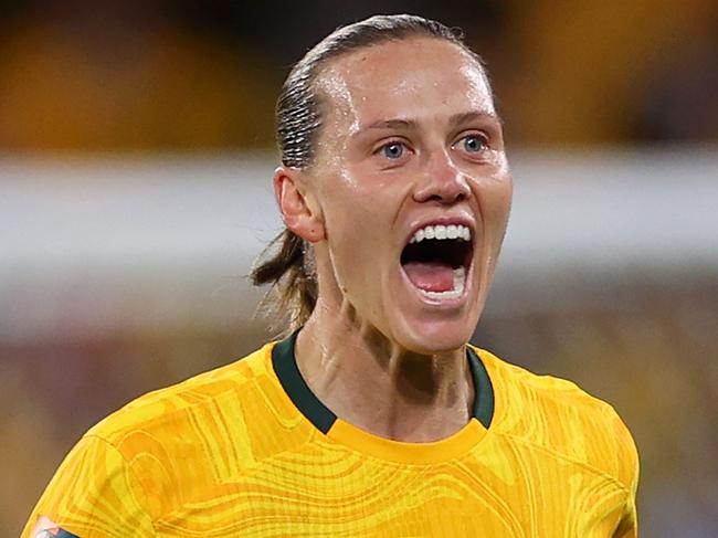 BRISBANE, AUSTRALIA - JULY 27: Emily Van-Egmond of Australia celebrates after scoring her team's first goal during the FIFA Women's World Cup Australia & New Zealand 2023 Group B match between Australia and Nigeria at Brisbane Stadium on July 27, 2023 in Brisbane / Meaanjin, Australia. (Photo by Elsa - FIFA/FIFA via Getty Images)