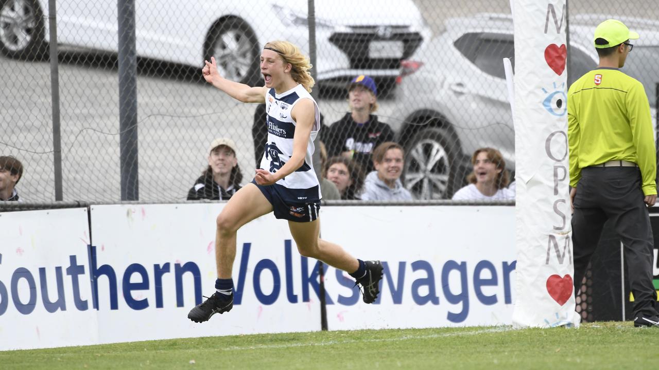 South Adelaide star Jack Delean celebrates a goal during the SANFL under-16 Torrens University Cup grand final against Glenelg. Picture: Morgan Sette