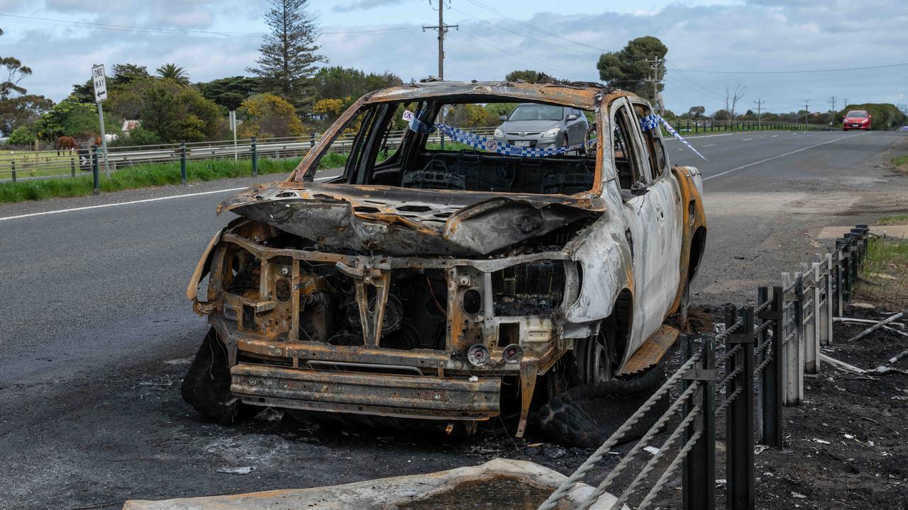 A car went up in flames on Portarlington Rd in Curlewis on Saturday. Picture: Brad Fleet