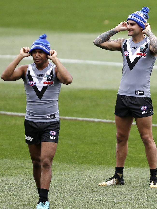 Jake Neade, who has been dropped for the Bulldogs game, with Chad Wingard at training last week. Picture Sarah Reed