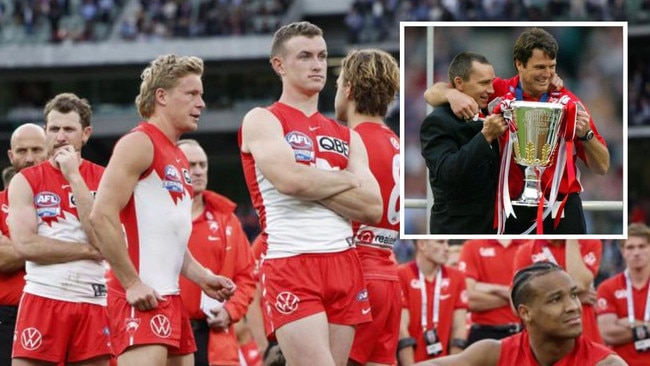 The beaten Swans and Paul Roos in 2005. Photos: Getty Images/News Corp