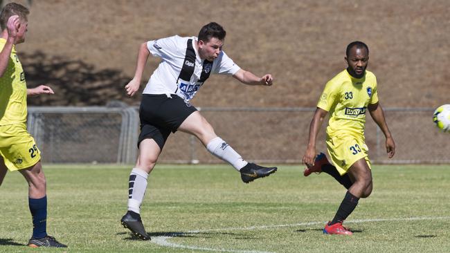 Willowburn’s Keiran Antel takes a shot against Clairvaux FC during a friendly match at Commonwealth Oval. Willowburn’s home ground is Toowoomba Regional Council facility meaning they would benefit from any fee relief.