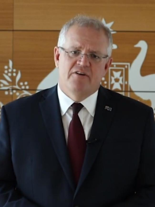 Prime Minister Scott Morrison pictured in his video address to the 2019 Bradfield Oration today.