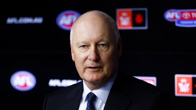 MELBOURNE, AUSTRALIA - MAY 01: Richard Goyder, Chairman of the AFL speaks with media during the AFL CEO Announcement at Marvel Stadium on May 01, 2023 in Melbourne, Australia. (Photo by Michael Willson/AFL Photos via Getty Images)