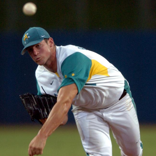 Ryan Rowland Smith pitching for Australia in the Gold Medal Match against Cuba in the 2004 Athens Olympics. AAP Image/Julian Smith