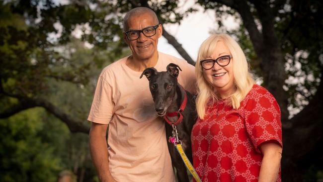 Newtown’s Laurina Chilcott fosters greyhounds to make up for her family’s past in racing. Pictured with husband Michael.