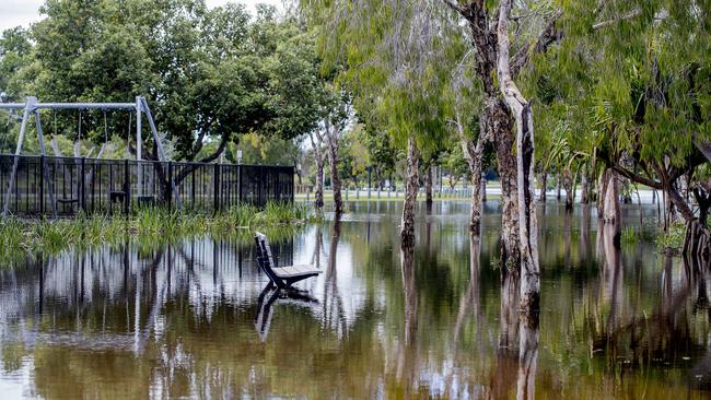 Floodwater due to heavy rain over the past few days is finally receding at Emerald Lakes, Carrara. Picture: Jerad Williams