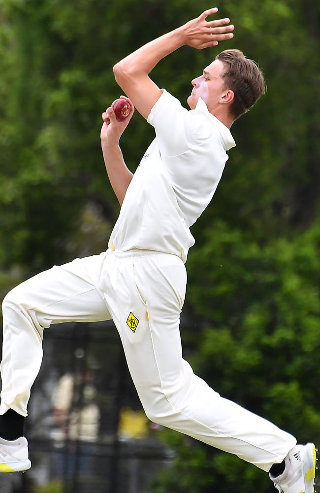 Wests bowler Tom Whitney Cricket action between Toombul and Wests. Saturday December 17, 2022. Picture: John Gass