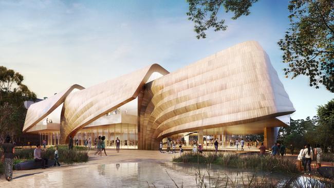 Aboriginal Arts and Cultures Centre at Lot Fourteen. North Tce arrival with water feature and cantilevered galleries evoking a sense of welcome. Picture: Diller Scofidio + Renfro and Woods Bagot