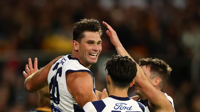 Tom Hawkins bagged four majors against the Crows in Round 3. Picture: Sarah Reed/AFL Photos via Getty Images.