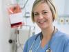 Nurse next to a patient while holding a clipboard in hospital ward Learn Poster. Blood donation. June 16.