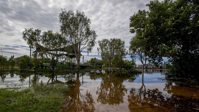 Floodwater due to heavy rain over the past few days is finally receding at Emerald Lakes, Carrara. Picture: Jerad Williams